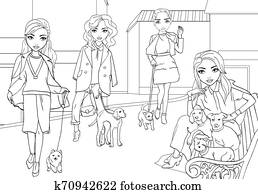 Coloring Girls Walk With Pets In City Coloring Girls Walk With Pets In City