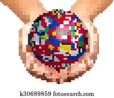 Flags of the world on a globe, held in hands. 