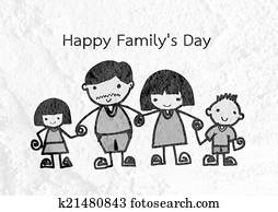 Happy family father, mother, son and daughter on wall texture