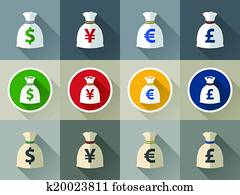 sac argent, icône, ensemble, à, symbole monétaire