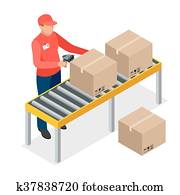 Warehouse manager or warehouse worker with bar code scanner checking goods on storage racks. Stock taking job. Flat 3d vector isometric illustration. Warehouse manager or warehouse worker with bar code scanner checking goods on storage racks. Stock taking job. Flat 3d vector isometric illustration.