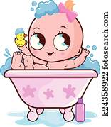 baby flicka, in, a, bada, tagande, a, bath., vektor, illustration