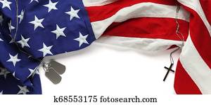Red, white, and blue American flag with christian cross and dogtags for Memorial day or Veteran's day background Red, white, and blue American flag with christian cross and dogtags for Memorial day or Veteran's day background