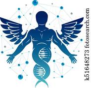 vector, illustratie, van, sterke, mannelijke, gemaakt, als, dna, symbool, voortzetting, en, gecreëerde, met, vogel, wings., moleculair, genetics.