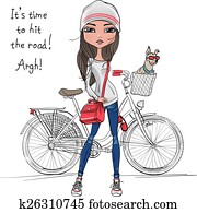 vector, lindo, hipster, mujer, con, bicicleta, y, perro