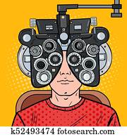 Pop Art Man Patient at Optometric Clinic with Optical Phoropter. Eye Exam. Vector illustration Pop Art Man Patient at Optometric Clinic with Optical Phoropter. Eye Exam. Vector illustration