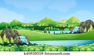 Nature scene with waterfalls and lake Nature scene with waterfalls and lake