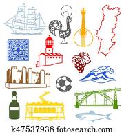 portugal, ícones, set., português, nacional, tradicional, símbolos, e, objetos portugal, ícones, set., português, nacional, tradicional, símbolos, e, objetos