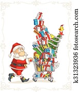 santa claus, con, carro de compras, vector, caricatura