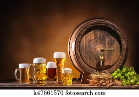 Oktoberfest beer barrel and beer glasses Oktoberfest beer barrel and beer glasses