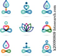 sammlung, von, joga, icons,, elemente, und, symbole sammlung, von, joga, icons,, elemente, und, symbole