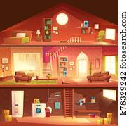 House cross section interiors cartoon