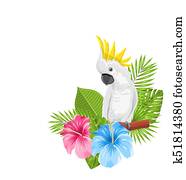 Parrot White Cockatoo with Colorful Exotic Flowers Blossom