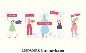 verschieden, zwischenrassisch, gesellschaft, von, mädels, stehen, in, reihe