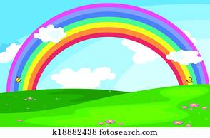 A green landscape with a rainbow in the sky