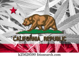 California State Flag on cannabis background. Drug policy. Legalization of marijuana California State Flag on cannabis background. Drug policy. Legalization of marijuana