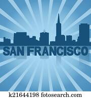 San Francisco skyline reflected with blue sunburst illustration San Francisco skyline reflected with blue sunburst illustration