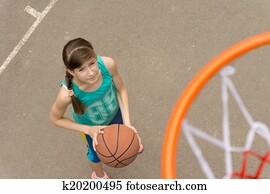 Young girl on a basketball court viewed from above
