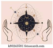 נשי, העבר, לוגו, אוסף, עם, שונה, סמל, כמו, פסק, ככב, planet,, פרחוני, herb,, ירח, ו, sun,, לב, love,, eye,, fire,, הפל