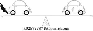 Cartoon of Fuel and Electric Cars Measured on Balance Scale