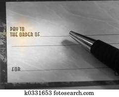 cheque en blanco, y, pluma