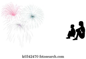 silueta, menina, menino, fogos artifício