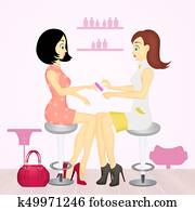 mulheres, em, um, salão beleza, obtendo, um, manicure