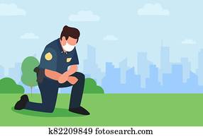 Take the knee. Police officer kneels on ground in tribute to George Floyd and victims of racism. Policeman in mask show support, solidarity. Background cityscape. Place for text. Vector illustration Take the knee. Police officer kneels on ground in tribute to George Floyd and victims of racism. Policeman in mask show support, solidarity. Background cityscape. Place for text. Vector illustration