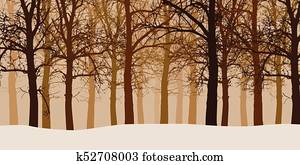 vetorial, ilustração, de, um, inverno, floresta, sem, folhas, com, neve, e, nevoeiro