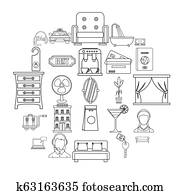 alojamento, ícones, jogo, esboço, estilo