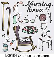 clinique, set., hand-drawn, remplir, pour, personnes agées, home., griffonnage, drawing.