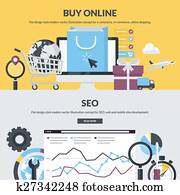 e-commerz, und, SEO, flache, banner e-commerz, und, SEO, flache, banner
