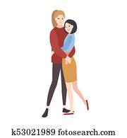 Pair of young happy women dressed in casual clothing, standing together, hugging and smiling. Lesbian couple. Flat cartoon characters isolated on white background. Colorful vector illustration.