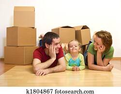 זוג שמח, עם, a, צחק, ב, שלהם, בית חדש