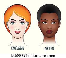 afrikanisch, und, kaukasisches, weiblich, gesichter