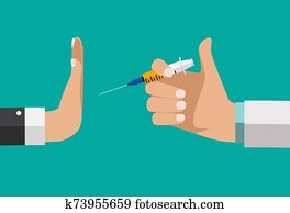 Refusing vaccine concept. Doctor hand offers gives medicines, but the patient refuses. Illustration Refusing vaccine concept. Doctor hand offers gives medicines, but the patient refuses. Illustration