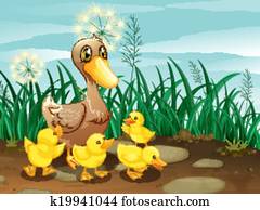 um, pato, e, dela, ducklings, perto, a, gramado