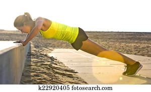 mulher, fazendo, imprensa, ups, ligado, um, praia