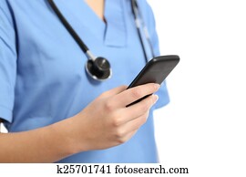 cima, de, um, enfermeira, mão, usando, um, esperto, telefone