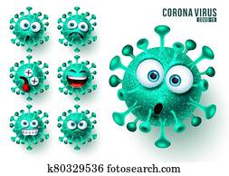 covid19, ncov, emojis, וקטור, set., עטרה, וירוס, covid19, emojis, ו, emoticons