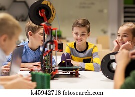 feliz, crianças, com, 3d, impressora, em, robótica, escola