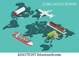 globale, logistica, rete, appartamento, 3d, isometrico, vettore, illustrazione, set, di, carico aereo, trasporto mediante autocarro, rotaia, trasporto, marittimo, spedizione marittima, on-time, consegna, veicoli, disegnato, portare, grande, numeri, di, cina, carico