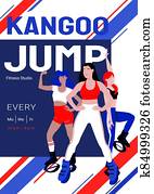 Kangoo jump zumba and latina class advertisement poster template. Females in sport outfit and bounce shoes doing knee up jump, jumping jacks exercises. Cardio fitness and weight loss, HIIT training. Kangoo jump zumba and latina class advertisement poster template. Females in sport outfit and bounce shoes doing knee up jump, jumping jacks exercises. Cardio fitness and weight loss, HIIT training.