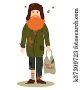 Homeless. Shaggy man in dirty rags flies and with a package in his hand. Vector illustration. Homeless. Shaggy man in dirty rags flies and with a package in his hand. Vector illustration.