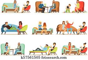 People talking to psychologist. Patients at a reception at the psychotherapies. Psychotherapy counseling, colorful Illustrations People talking to psychologist. Patients at a reception at the psychotherapies. Psychotherapy counseling, colorful Illustrations