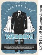 boda, retro, cartel, con, vestido nuptial, y, traje