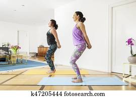 duas mulheres, fazendo, ioga, casa