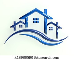 logotipo, azul, casas, com, ondas