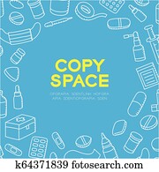 medizinprodukt, und, ausrüstung, kinder, hand, zeichnung, satz, muster, hintergrund, abbildung, weiß, farbe, freigestellt, auf, blauer hintergrund, mit, zentrieren, kopieren platz, kreis, form