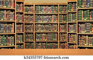 Table on background of bookshelf full of books . Old library. Table on background of bookshelf full of books . Old library.